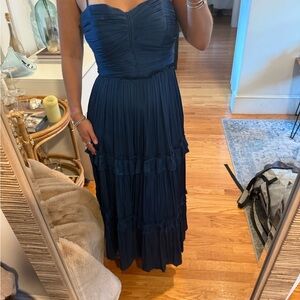 Aqua Ruched ruffled midi dress navy blue